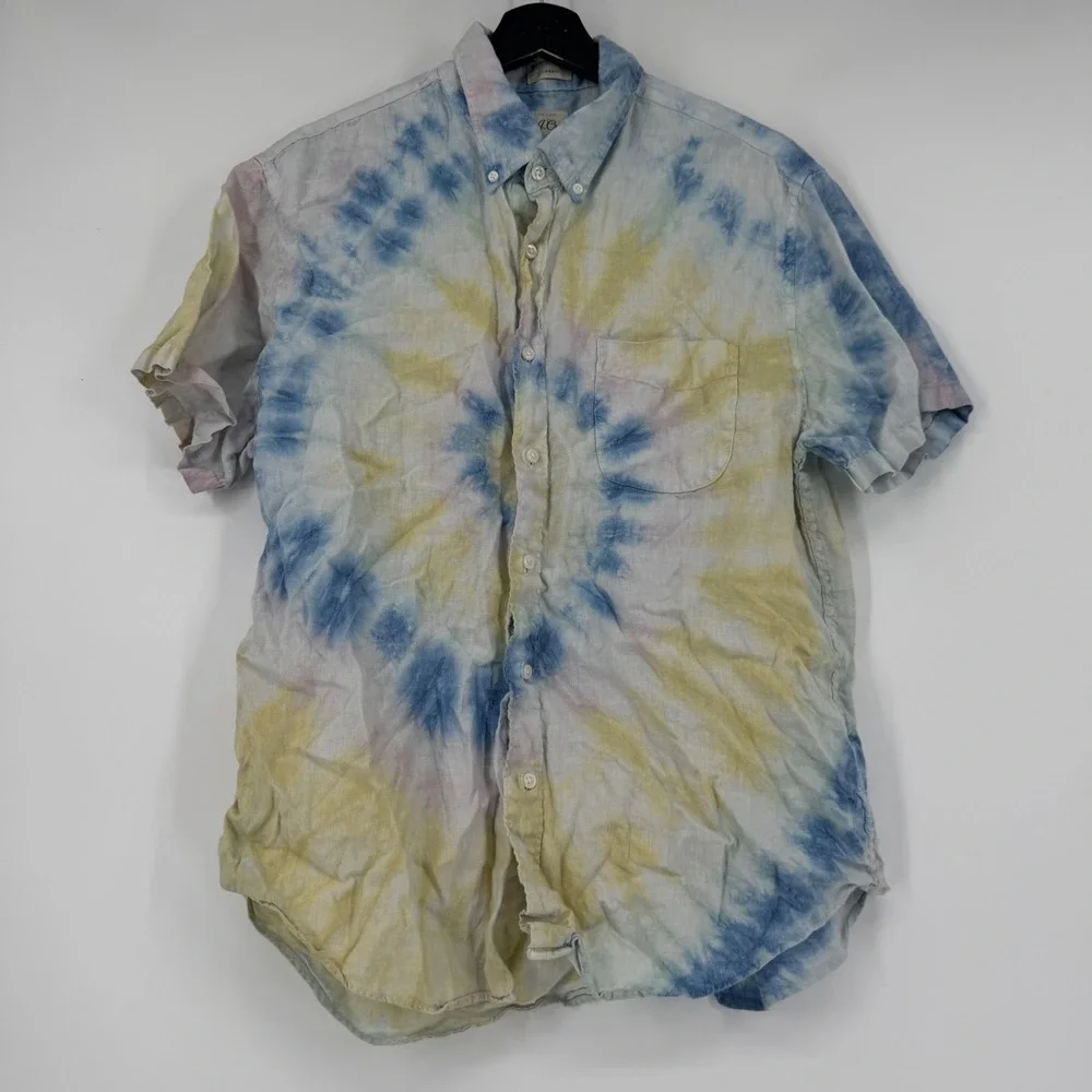 J. Crew Mens Large 100% Linen Tie Dye Short Sleeve Button Down Shirt Blue Yellow